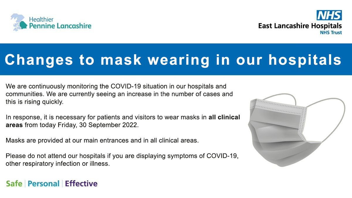We are continuously monitoring the COVID-19 situation in our hospitals and communities, and in response to the quick increase in the number of cases, it is necessary for patients and visitors to wear masks in all clinical areas from today Friday, 30 September 2022.