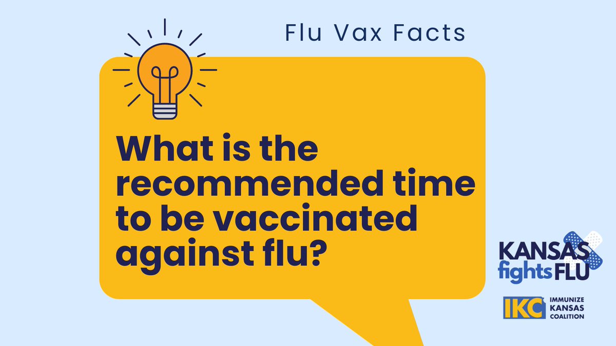ImmKSCoalition's tweet image. Wondering when you should get vaccinated against flu? It’s best to be vaccinated before the flu begins spreading in your community. 𝗦𝗲𝗽𝘁𝗲𝗺𝗯𝗲𝗿 𝗮𝗻𝗱 𝗢𝗰𝘁𝗼𝗯𝗲𝗿 are the best months to get your flu vaccine. Learn more below! 

#KansasFightsFlu #FluVaxFacts