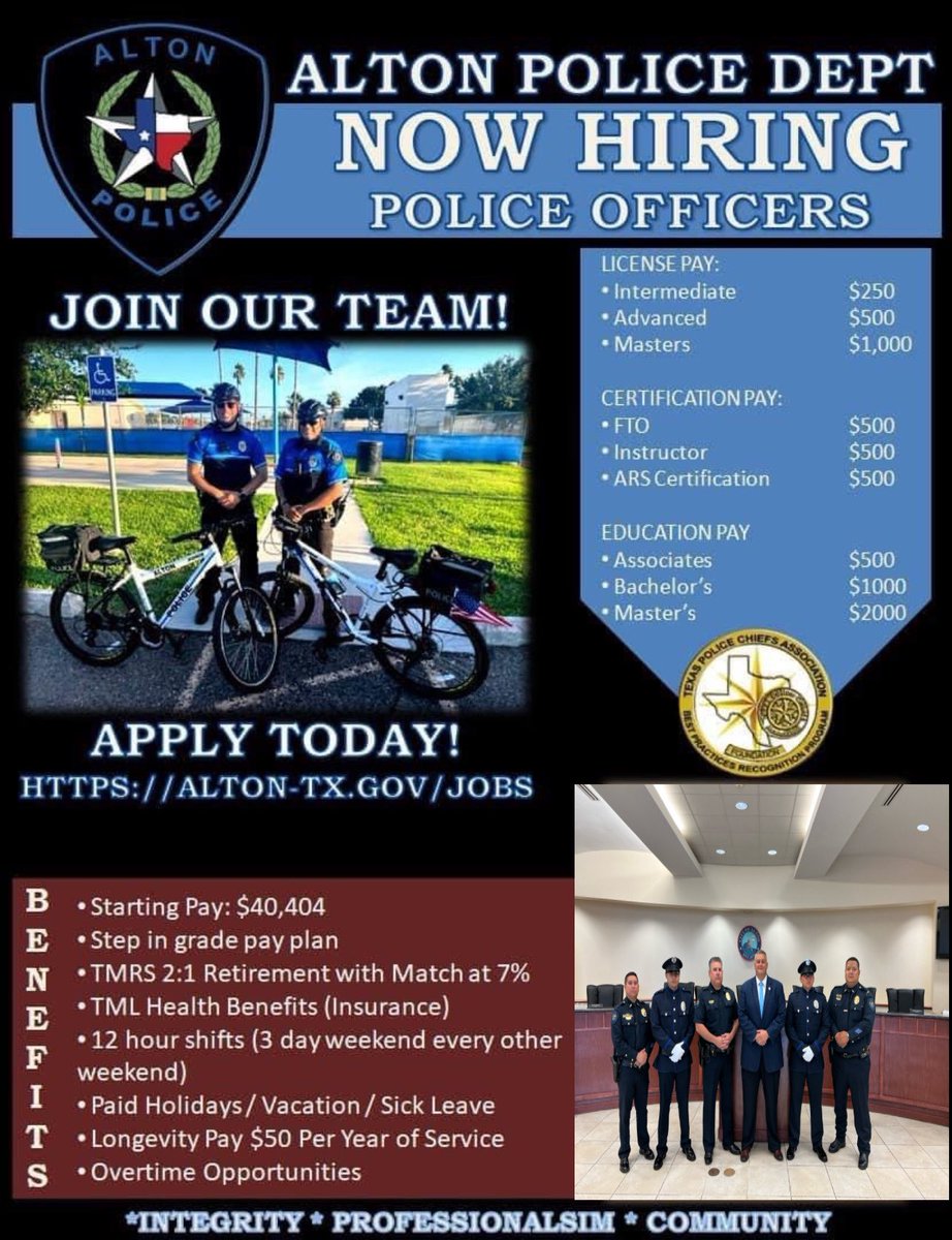 We are looking for motivated and proactive  individuals to come join our Alton Family. 

If you value servant leadership, progressiveness, training, &amp; community then Alton is where you belong. 

Must be TCOLE Certified. Apply at 

alton-tx.gov/departments/hu…

#Altonstrong