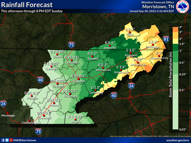 EmaSevier's tweet photo. The remnants of Hurricane Ian will track north and weaken as it approaches the southern Appalachians Tonight and Saturday. Rain chances increase this afternoon with the highest chances tonight through Saturday.
Visit https://t.co/vW4KGmWnMa to sign up for CodeRed Notifications. https://t.co/FGTnWlga0J