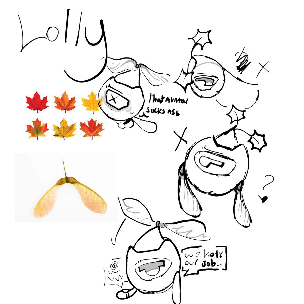 Lemondemonfan11's tweet photo. oh our gobs vvr2 and vvr1 ocs!!!
lolly is themed after maple leaves, seeds, and a dissapointment for everything. and this is ThisGuy. It's intended to be like a scarf, humanish, grandpa/dad thing. just gonna call it ThisGuy for now.
 #virtualvirtualreality https://t.co/CEZdbqtAGh
