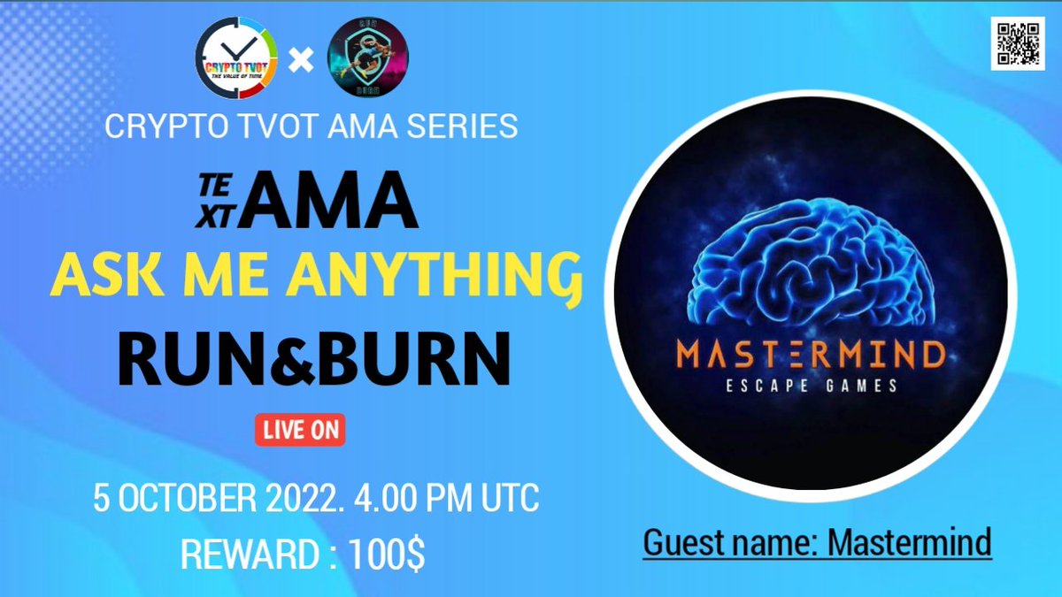 Crypto_TVOT's tweet photo. ⚔️ #CryptoTVOT #AMA Series With #RUNANDBURN
🎁Prize: 100$
📆Date: 5th OCTOBER 2022 4.00 PM UTC
🏨Venue: https://t.co/uhk5qADJp7
〽️ Rules:
1️⃣. Follow
@CryptoTVOT
&
@Runand_Burn
2️⃣. Like Retweet & Comment with Tag 3 Friends https://t.co/0nRofdgj0s