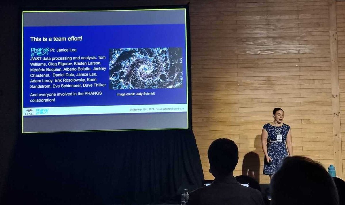 PHANGSteam's tweet photo. Our team presented the first PHANGS-JWST results at "Physics and Chemistry of Star Formation -- The Dynamical ISM Across Time and Spatial Scales" PI: @janiceleeastro and presented by Jessica Sutter #JWST #PHANGS https://t.co/6jlXrYi5fZ