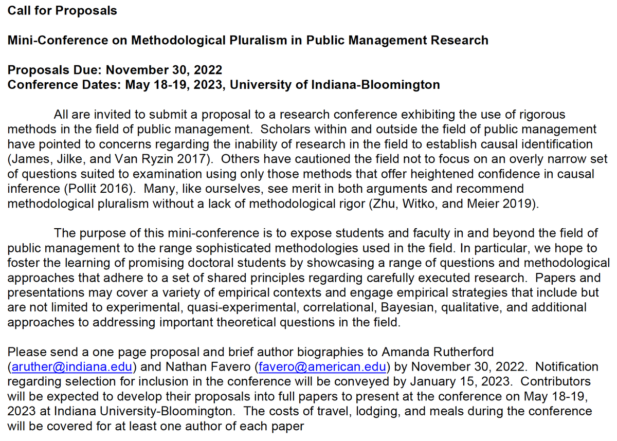 shanconl's tweet photo. I am excited to relay a call for proposals for The Mini-Conference on Methodological Pluralism in Public Management Research! It will showcase a range of questions and methodological approaches. Application information attached! https://t.co/Js5Egw7hMQ