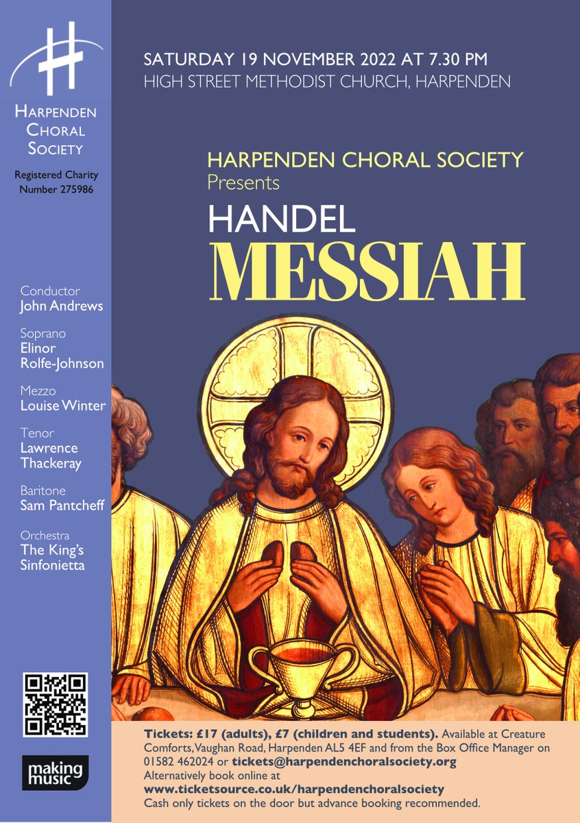 Looking forward to performing with some wonderful soloists for our Messiah on 19th November: Elinor Rolfe-Johnson @elirolfejohnson, Louise Winter, Lawrence Thackeray @lthackeraytenor and Sam Pantcheff @Sampantcheff all under the skilful direction of John Andrews @JKAConductor