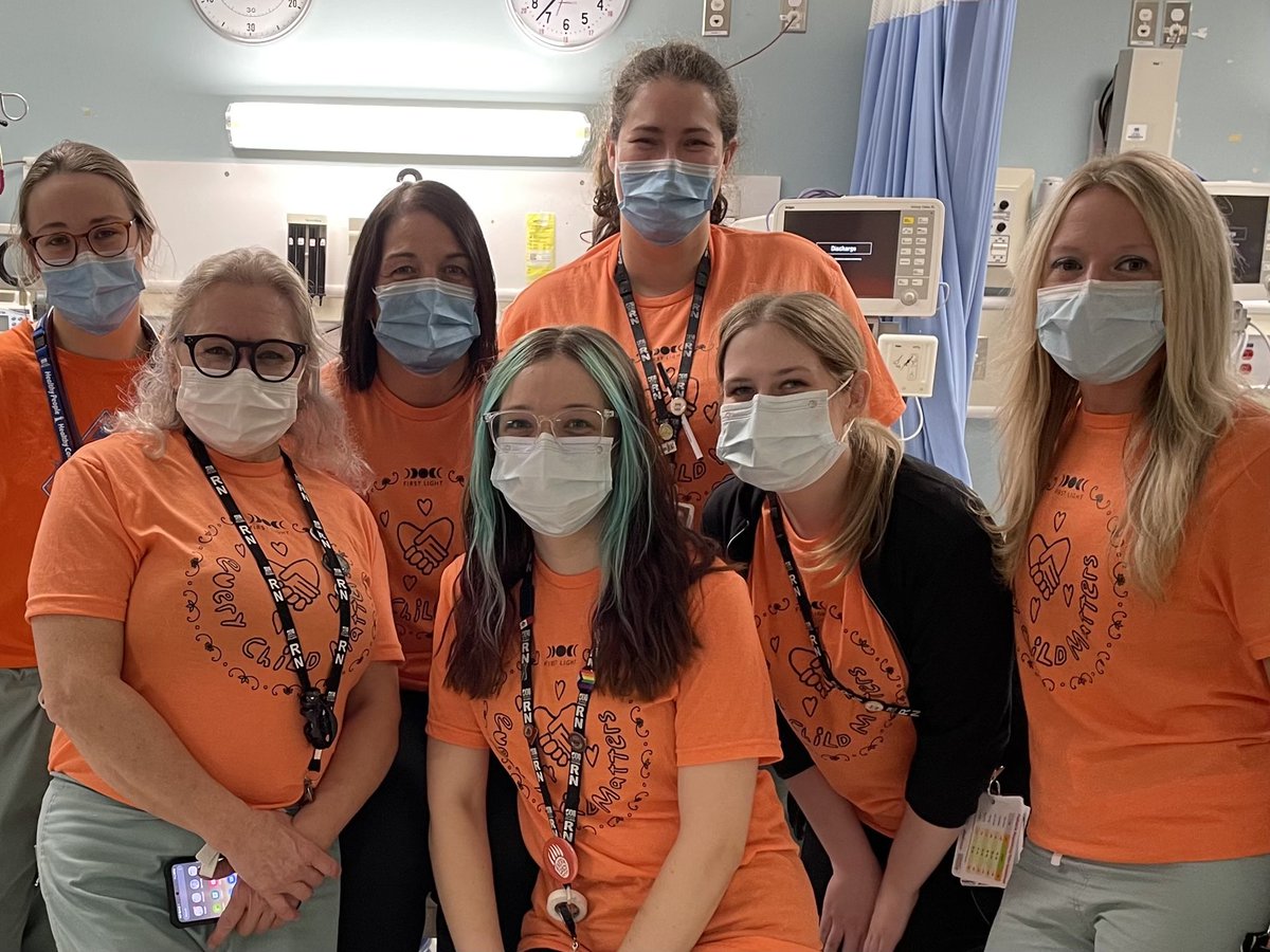 PaediatricRN's tweet photo. Today, many paediatric nurses are honouring National Truth and Reconciliation Day by wearing their orange shirts at work. This a submission we received from the Janeway ER staff in Newfoundland. 🧡 @RNU_NL https://t.co/OR9Uc2kebA