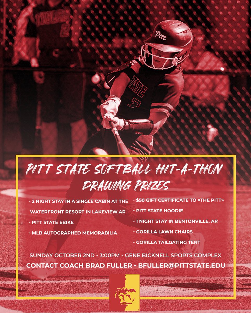 𝗥𝗘𝗠𝗜𝗡𝗗𝗘𝗥‼️ 

The Pitt State Softball 𝗛𝗶𝘁-𝗔-𝗧𝗵𝗼𝗻 is this Sunday, Oct 2nd, following the Butler Scrimmage (11am).  This event is open to the community! 

Register here ⬇️

🔗 pittstategorillas.com/sb_output.aspx…