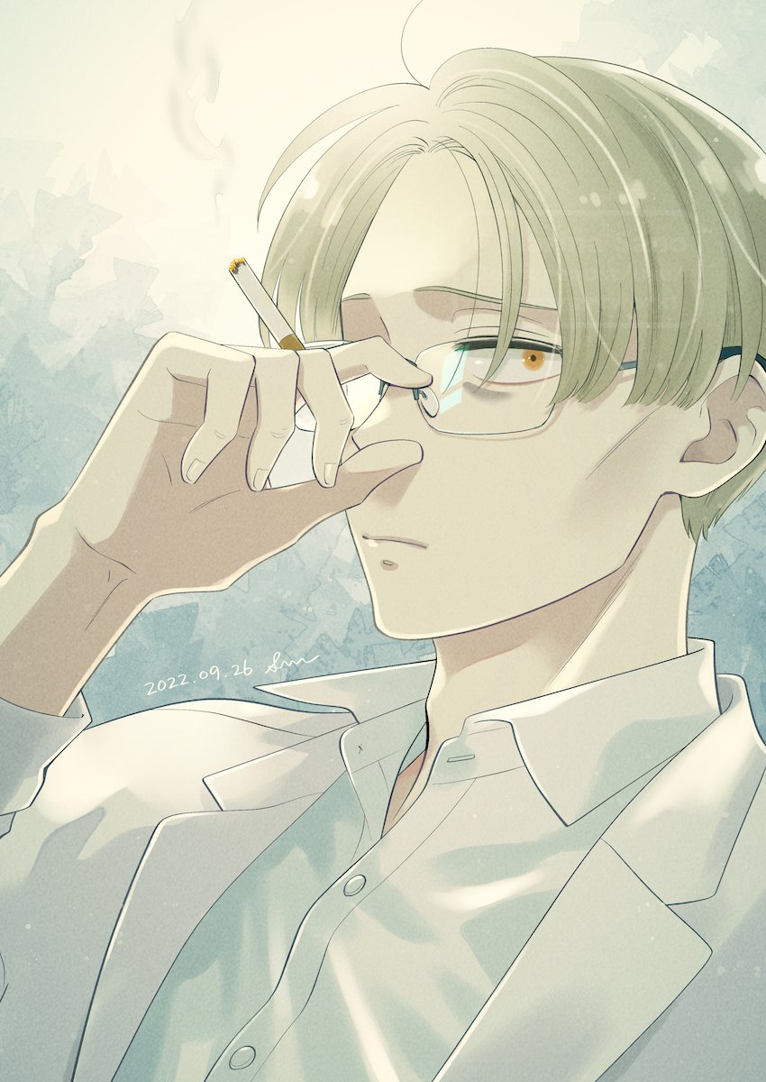1boy male focus cigarette solo shirt glasses holding  illustration images