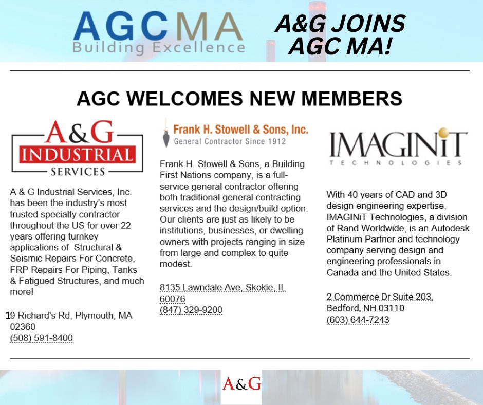 AandGIndustrial's tweet photo. Big news for A&amp;G Industrial: we are officially a new member of @AGCofMA!

A&amp;G is looking forward to connecting with the general contractors, subcontractors, and construction community in the region. Stay tuned for more updates.

#construction #generalcontractor #smallbusiness https://t.co/OKNOTnHLn1