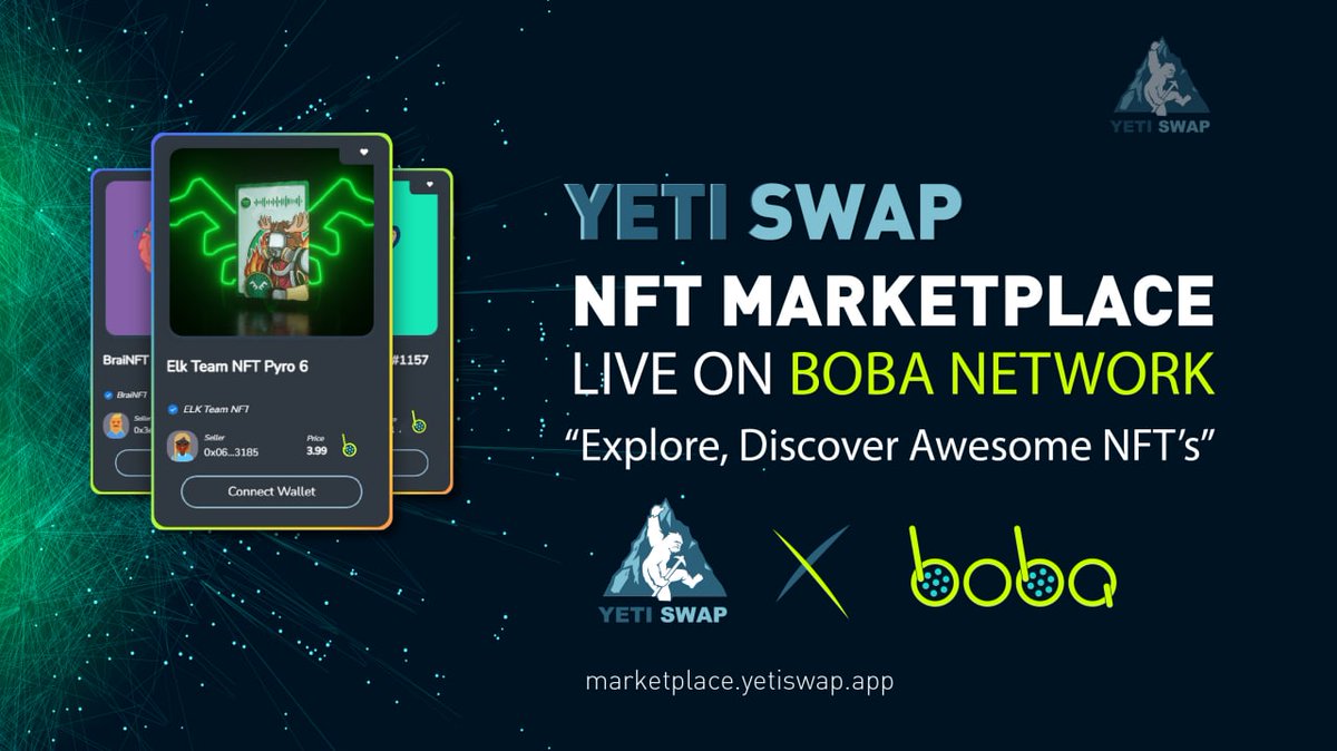 Yeti Swap 🔺❄️ (@yetiswap) on Twitter photo 🎊 We are happy to announce that the Yetiswap #NFT Marketplace is live on the Boba Network! <a href="/bobanetwork/">Boba Network 🧋</a>
⛓️ A big leap for a multi-chain Yeti Swap
🔥 Step into the world of #NFT now!
👉 bobamarket.yetiswap.app 🎊 We are happy to announce that the Yetiswap #NFT Marketplace is live on the Boba Network! <a href="/bobanetwork/">Boba Network 🧋</a>
⛓️ A big leap for a multi-chain Yeti Swap
🔥 Step into the world of #NFT now!
👉 bobamarket.yetiswap.app