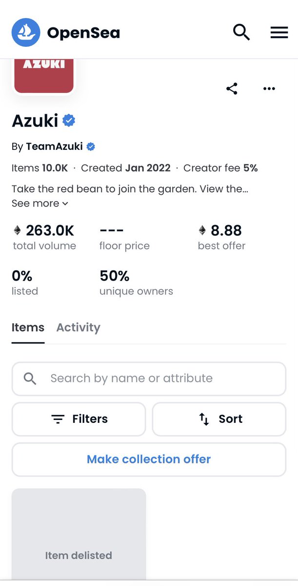 Uhoh <a href="/AzukiOfficial/">Azuki</a> delisted on <a href="/opensea/">OpenSea</a>