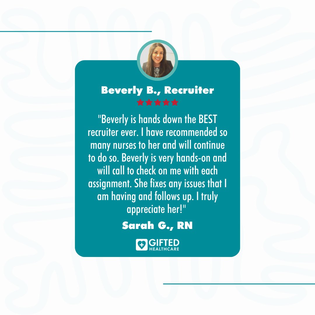 Our GIFTED recruiter Beverly B. always has your back!

Beverly recently received this review from Sarah G., RN on @Great_Recruiters:

If you’re looking for a great nursing assignment, apply at hubs.li/Q01nnMh10 
and connect with our fantastic recruitment team today. ❤️