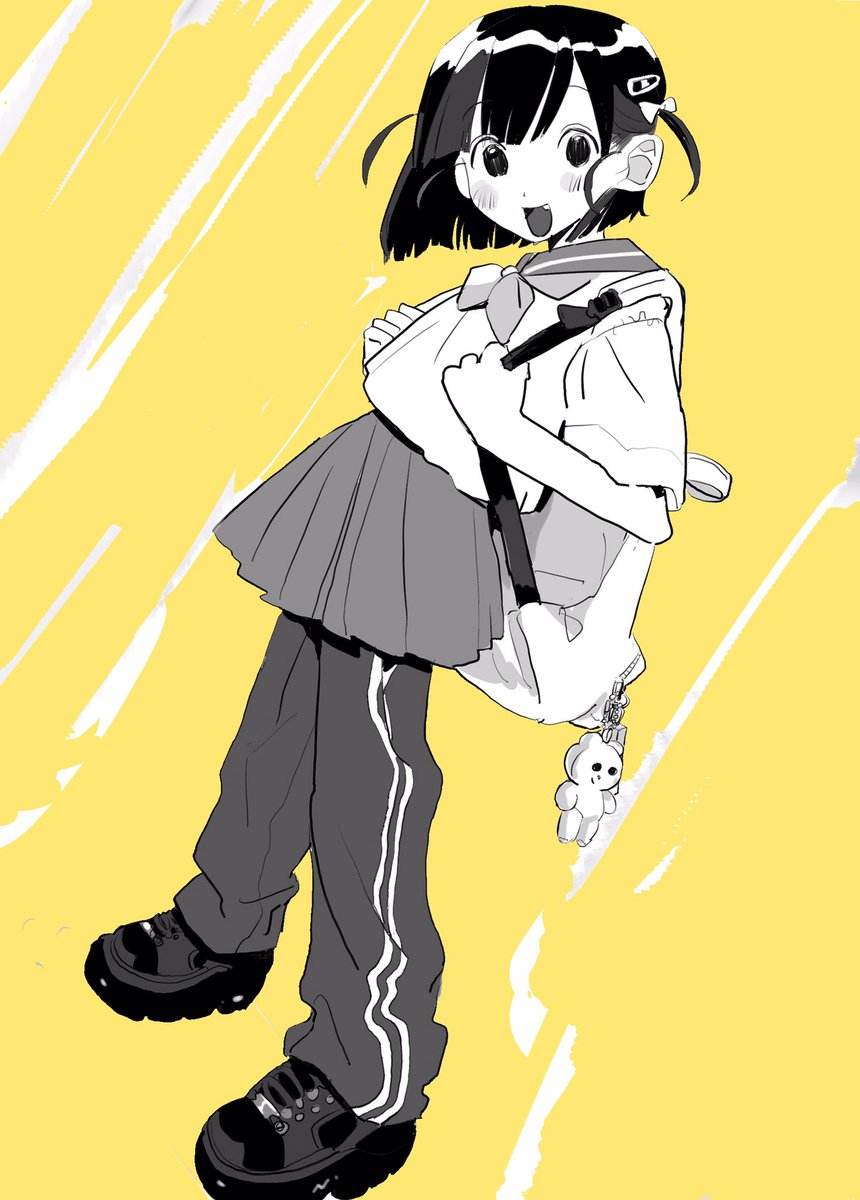 1girl solo skirt bag pleated skirt yellow background backpack  illustration images