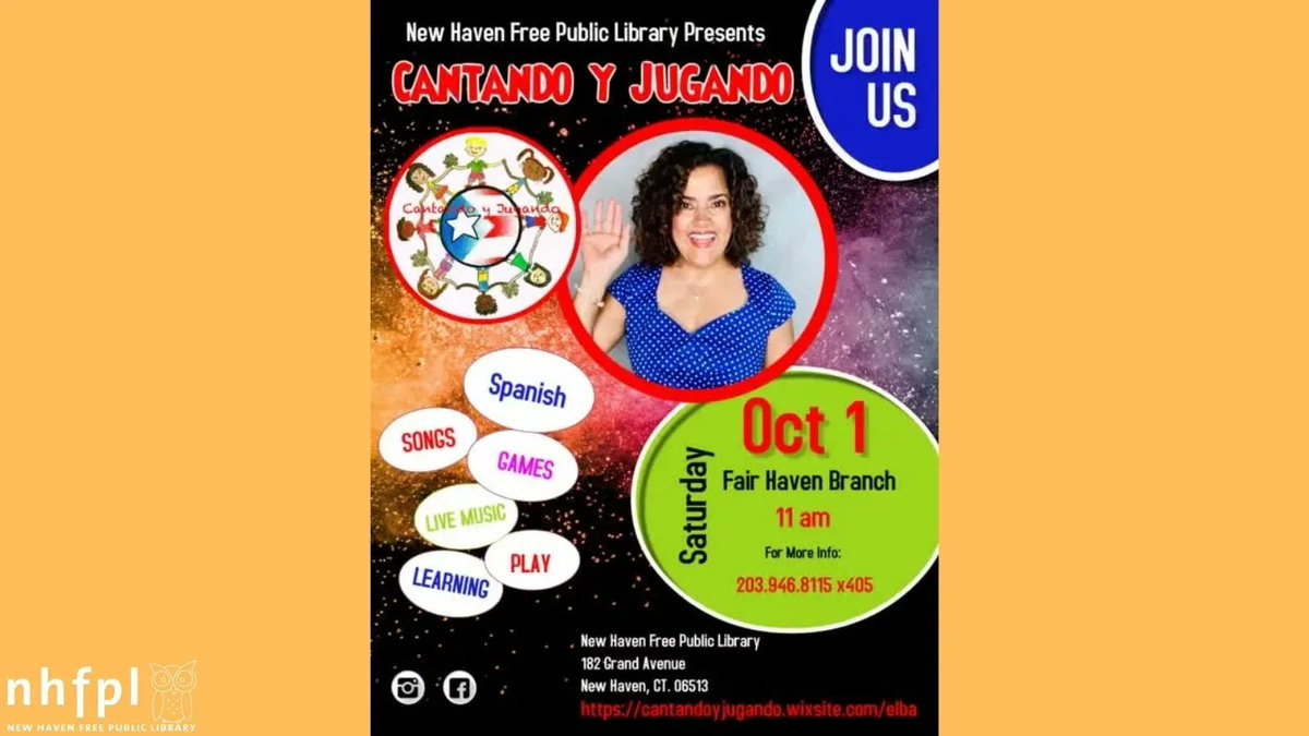 Tomorrow! Bilingual musician Elba is coming back to Fair Haven. Join us and celebrate Hispanic and Latinx Heritage Month with Elba! #FairHavenBranch #FairHaven #NhfplFairHaven #NewHavenFreePublicLibrary #NhfplFamilies #NhfplYoungMinds #ElbaCantando #CantandoyJugando
