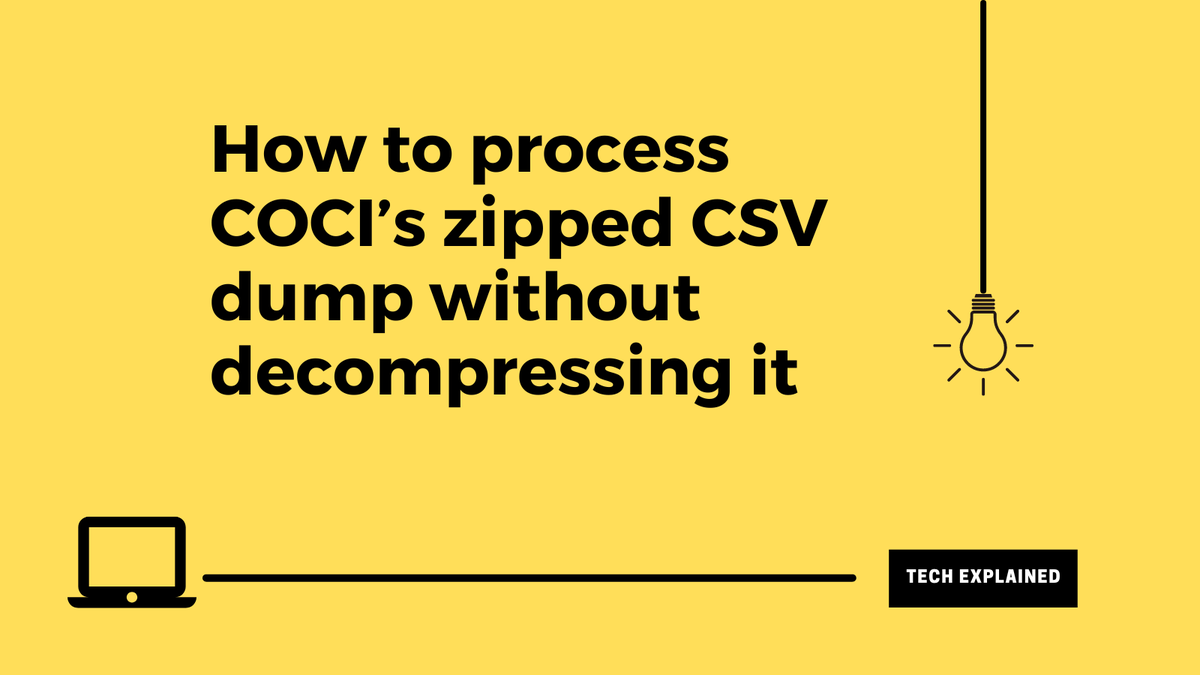 opencitations's tweet image. How to process #COCI’s zipped CSV dump without unzipping the internal archives? Read this tutorial on #OpenCitationsBlog and find out how to save a lot of disk space:
opencitations.hypotheses.org/2940  
#TechExplained