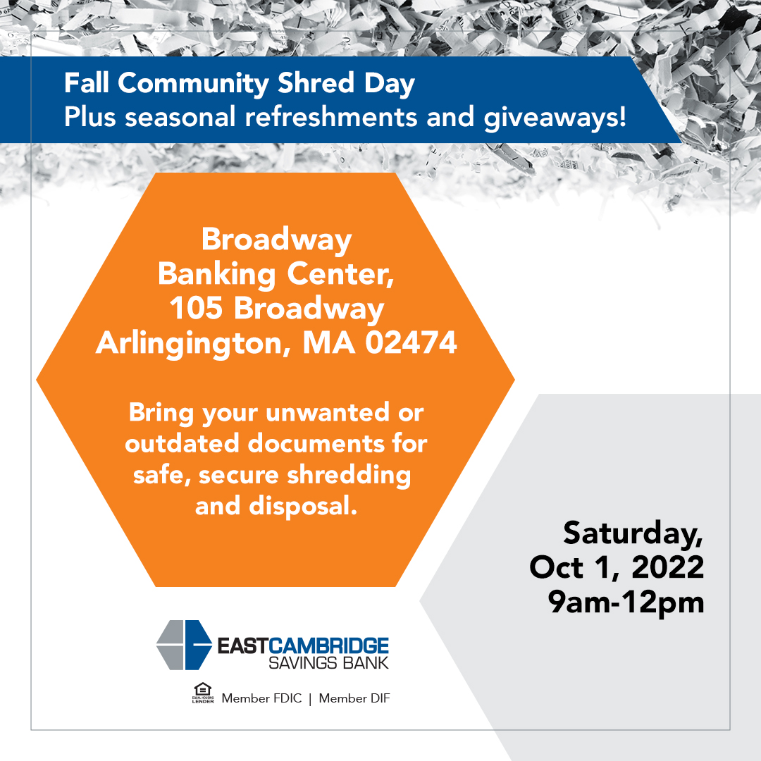 EastCambSavBank's tweet photo. Join us tomorrow for a community shred day at our  Broadway Banking Center in Arlington from 9am to noon. Dispose of unwanted documents with sensitive information. You may bring as many boxes, bags, or bins of documents as you’d like. 
#ShredDay #Community https://t.co/5mU8BRFUXH