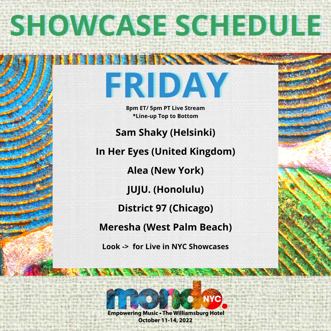 Our #MondoNYC Daily Live Stream Schedule is Announced!
Tune into our YouTube Channel 10/11-14, at 8pm ET.

<a href="/ariahandmusic/">Ariah &</a> <a href="/valeriedsilva12/">Valerie D'Silva</a> @MusicofMuMu <a href="/planet_opal/">Planet Opal</a> <a href="/alealeamusic/">Alea</a> <a href="/District97/">District 97</a> @threeunderneath