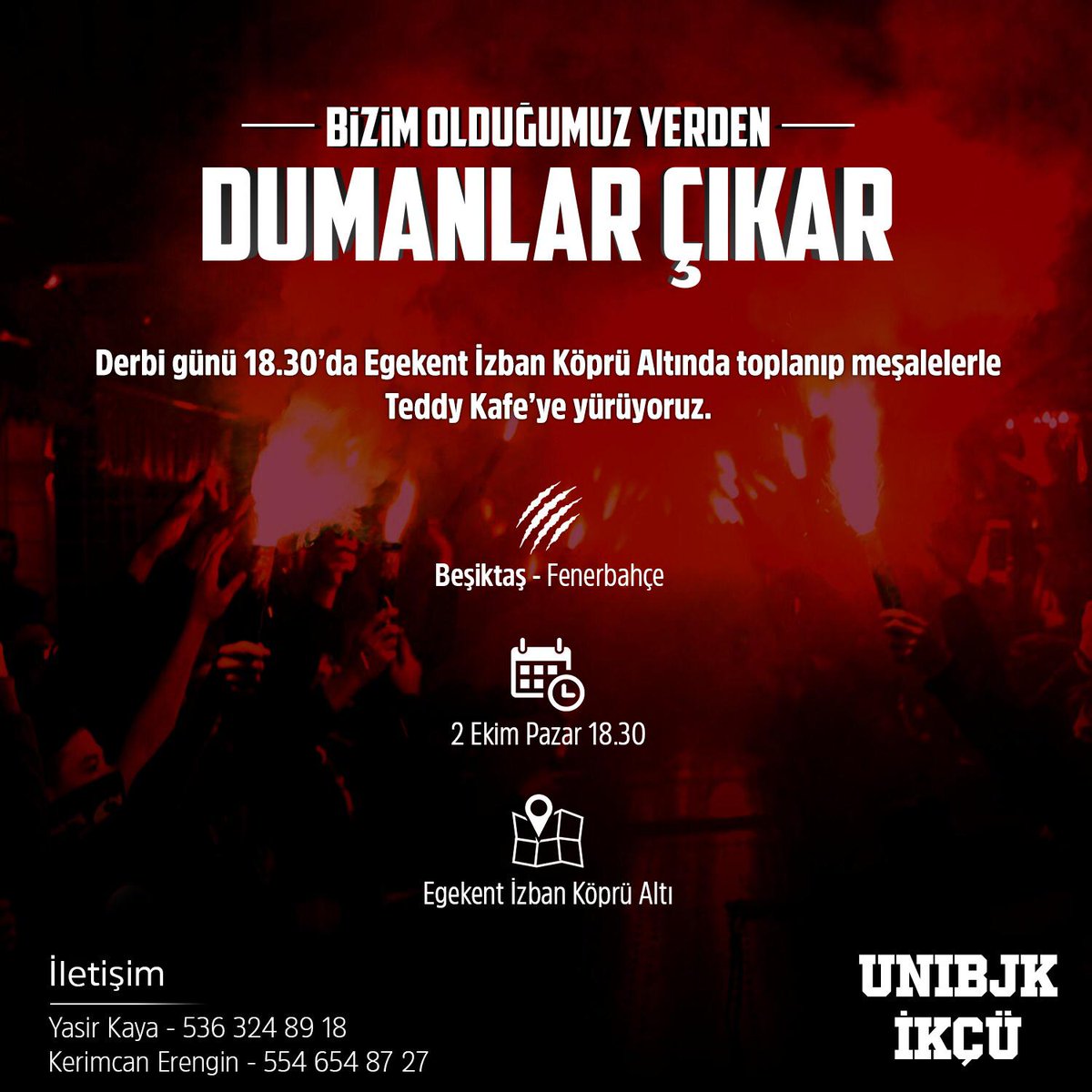 Bu Pazar 18.30'da Egekent izban köprü altında toplanıp hep beraber omuz omuza maç izleyeceğimiz mekana doğru meşalelerle bestelerle kortejimizi gerçekleştireceğiz. Bizim olduğumuz yerde dumanlar çıkar diyerek tüm kardeşlerimizi bu pazar aramıza davet ediyoruz. 🦅
#OmuzOmuza