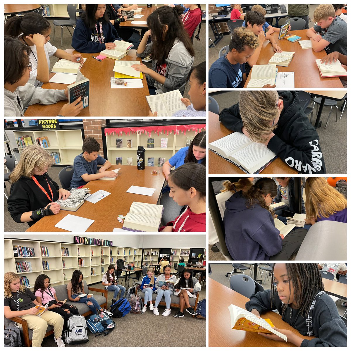 amstigerlibrary's tweet photo. This was so amazing to see! All our readers reading at the same time! Our campus participated in HEB’s Read 3 Big 3 Texas Read In. #Read3ReadIn #HEB #thehumblelibrarian https://t.co/iMCtsUMEoW