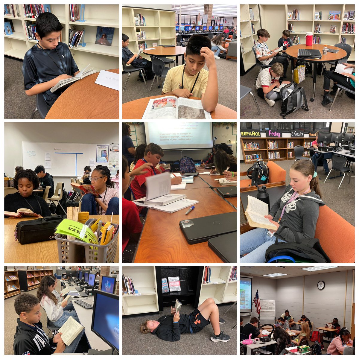 amstigerlibrary's tweet photo. This was so amazing to see! All our readers reading at the same time! Our campus participated in HEB’s Read 3 Big 3 Texas Read In. #Read3ReadIn #HEB #thehumblelibrarian https://t.co/iMCtsUMEoW