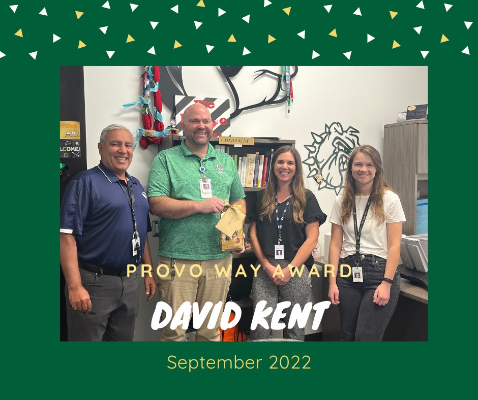 ProvoHighSchool's tweet photo. Congratulations to #ProvoHighSchool Assistant Principal David Kent, the September 2022 #ProvoWayAward Winner! #TheProvoWay #letsgoprovo https://t.co/ISceCBp6Vh