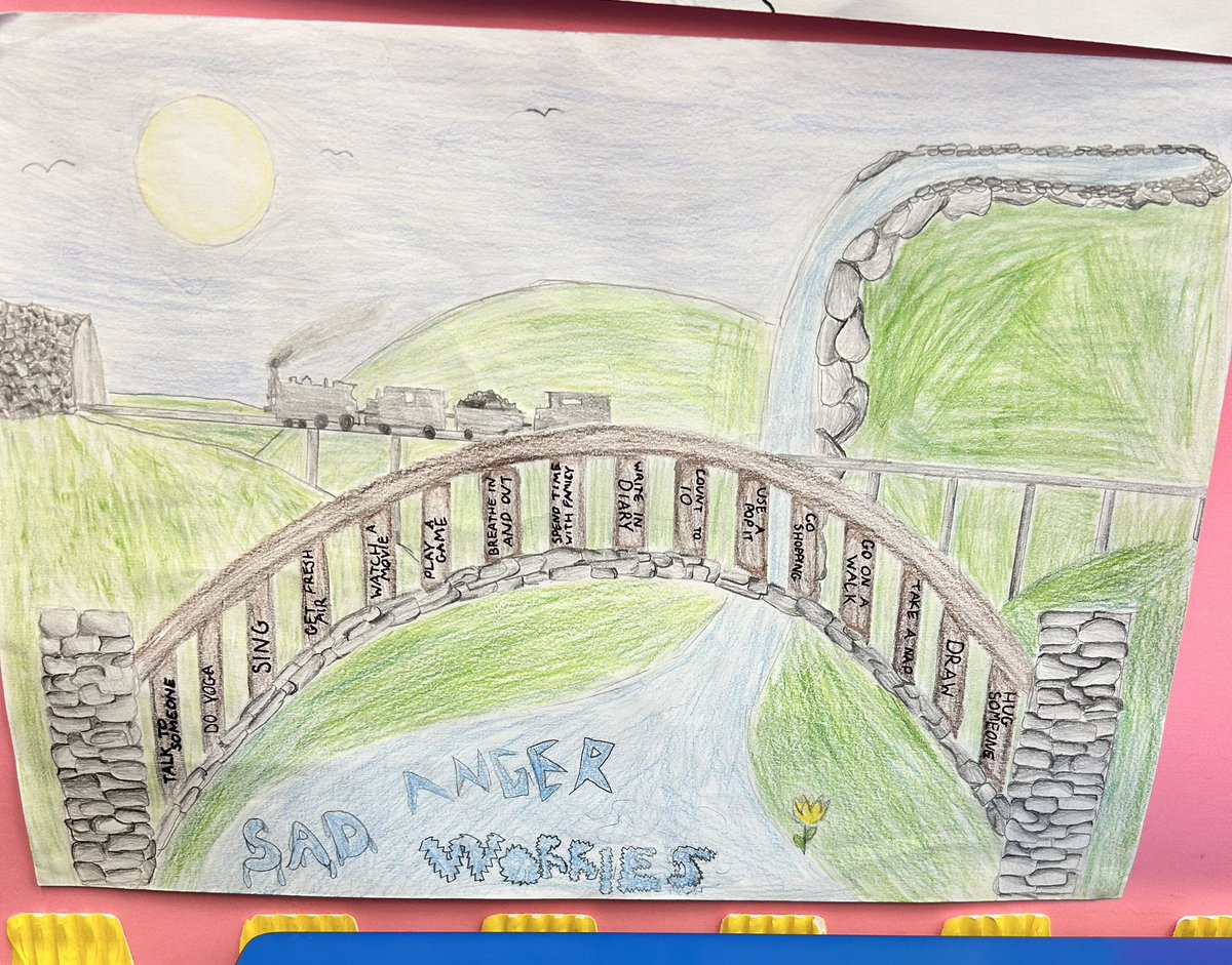 missmacgregor_'s tweet photo. This week we have looking at the blue cog from @EmotionWorksCIC and have been identifying the different strategies we can use to regulate our emotions. We created beautiful drawings to demonstrate “a bridge to help us get over troubled waters”. https://t.co/5tFcqFUbkK