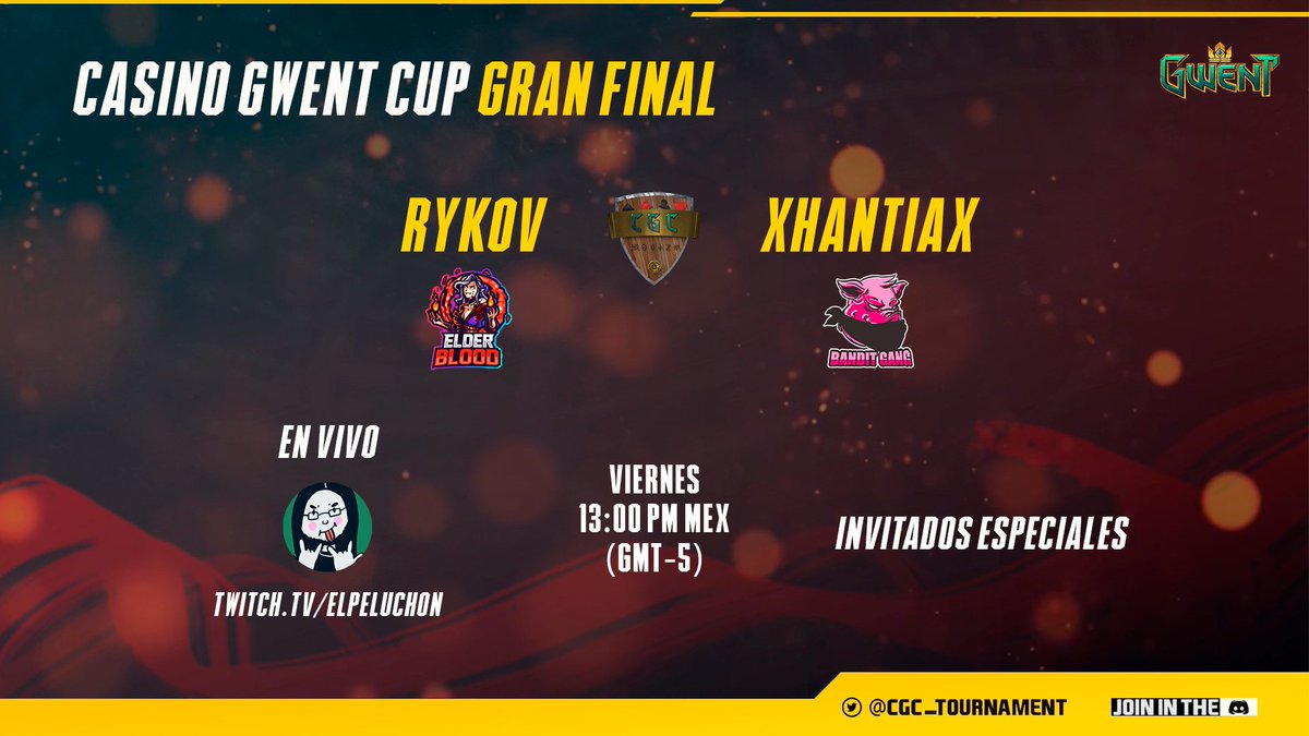 El momento a llegado, la última partida del torneo, la Gran final de la CASINO GWENT CUP

<a href="/heypatrykhere/">Rykov</a> <a href="/TeamElderBlood/">Team Elder Blood</a> vs
<a href="/xhantiax/">Obsidian</a> <a href="/TeamBG_esports/">Team Bandit Gang</a>

En vivo
TWITCH <a href="/PeluchonTTV/">El Peluchon</a>
twitch.tv/elpeluchon

Invitados especiales, entrevistas, estadísticas y más.. 

#CasinoGwentCup