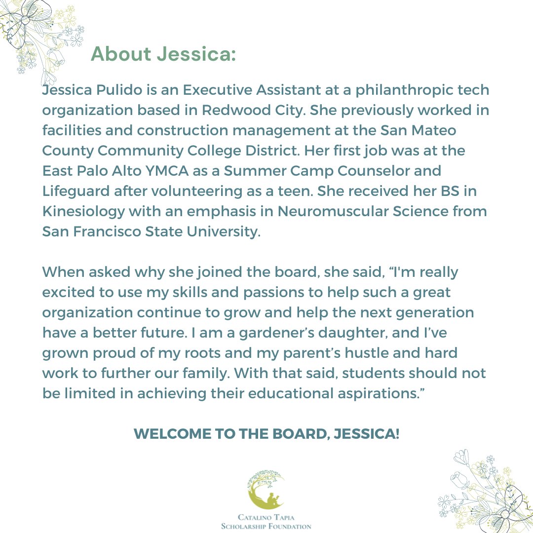 CTSFoundation's tweet photo. Introducing Our Board Member Jessica Pulido!

Welcome to the Catalino Tapia ScholarshipFoundation!

#CTSF #WeAreLookingForYou #VolunteersMakeADiffence #SupportCTSF #AskMeHow #Education #SiSePuede #SupportEducation #BecomeAMember #Students #BoardMembersRock #BoardMember https://t.co/GimMDxNa4Q