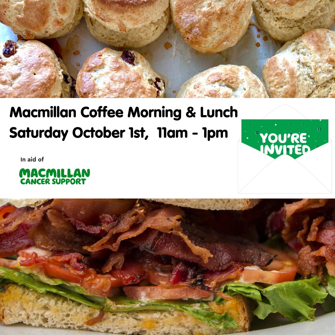 Join us for a #macmillancoffeemorning lunch tomorrow morning between 11 and 1pm.  Lovely baked goodies, soup &amp; sandwiches.  Your donations will support the work of #macmillancancersupport.  

All welcome!  Join us at Bell View Resource Centre, 33 West Street, Belford NE70 7QB.