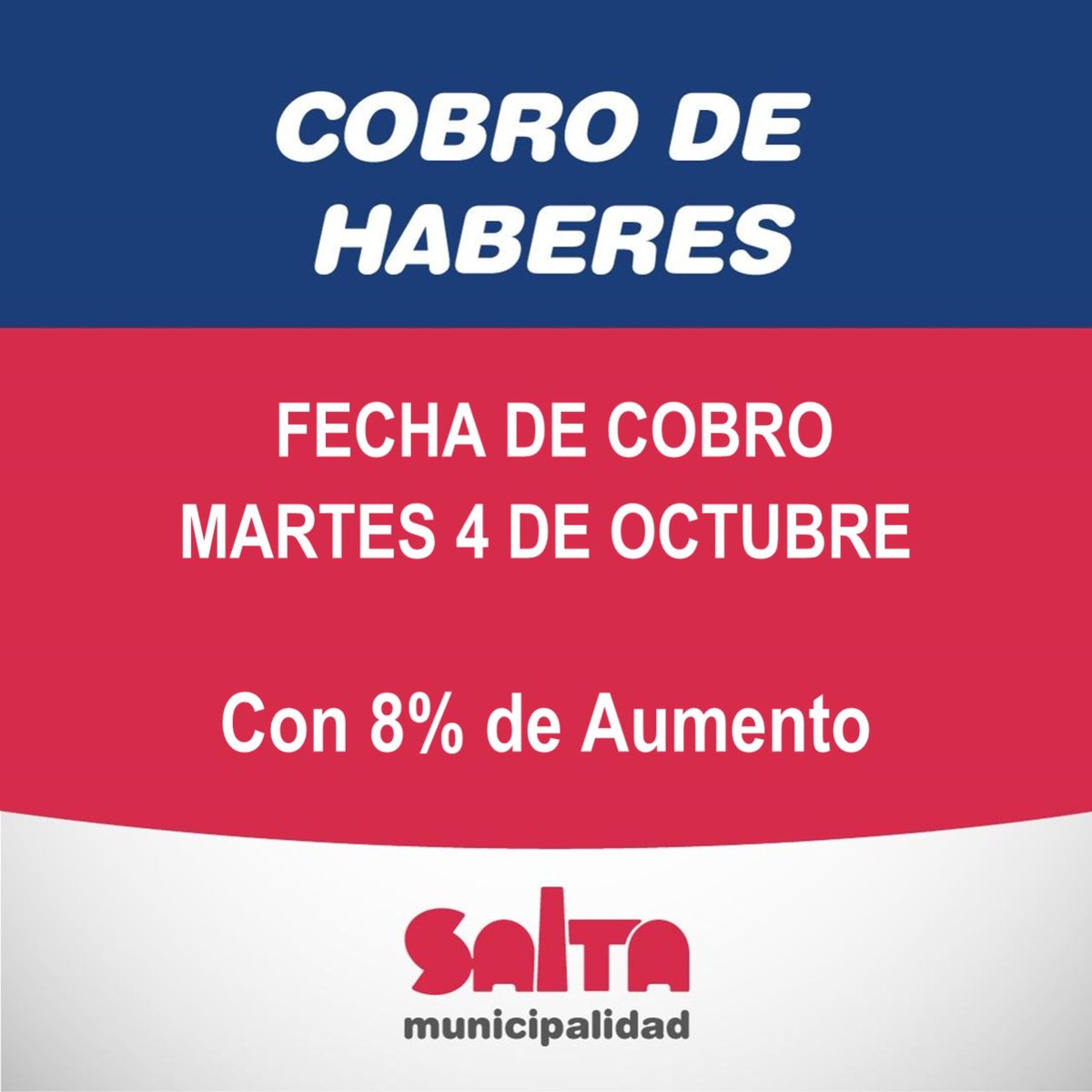 MuniSaltaRRHH's tweet photo. #CobrodeHaberes
Los empleados municipales cobran el Martes 4 de octubre.

#ComunicacionInstitucional #Municipalidadesalta https://t.co/ieO2WGs5xi