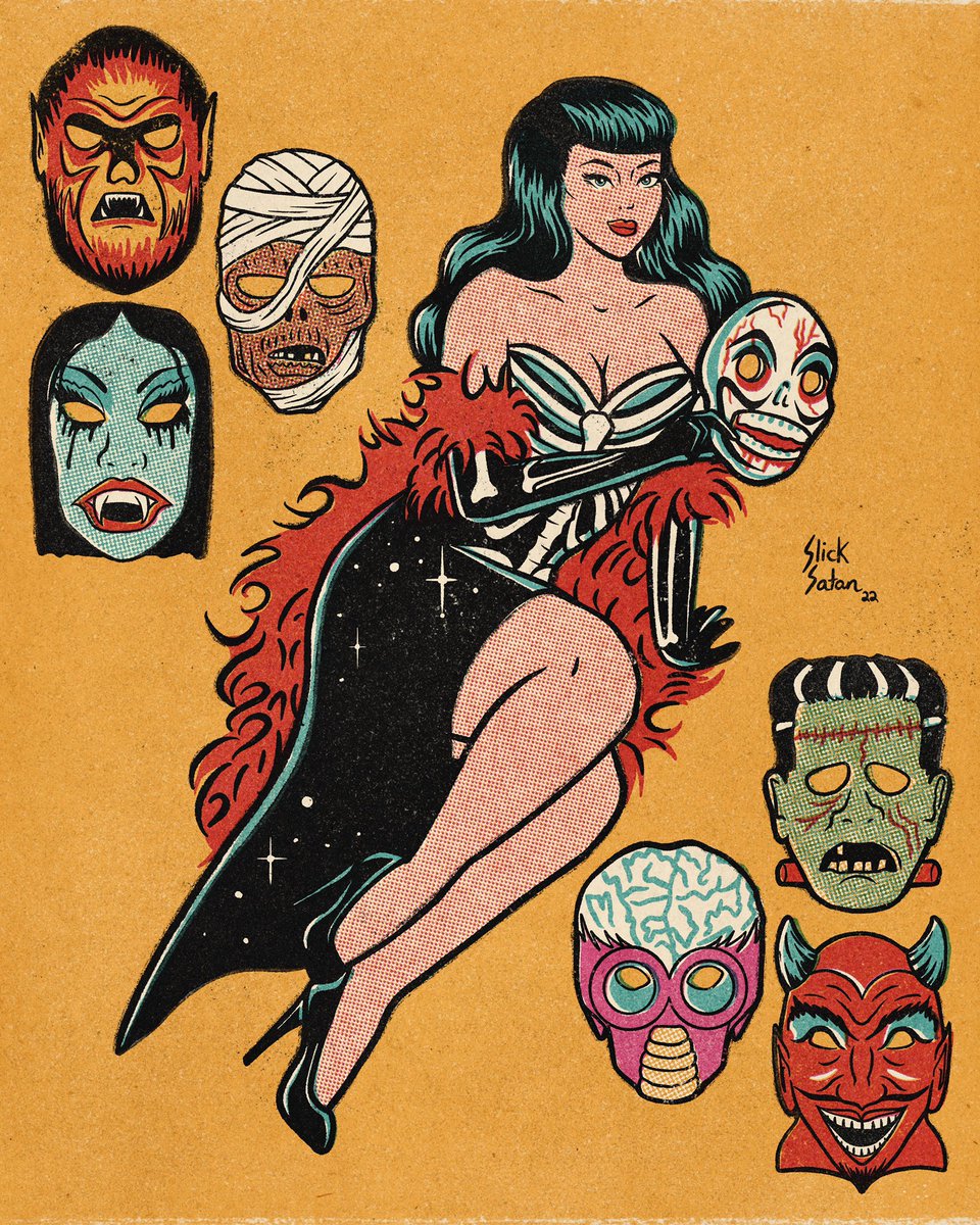 🎭👽👺😈💀👹 #vintagehalloween #pinupart #halloween #slicksatan