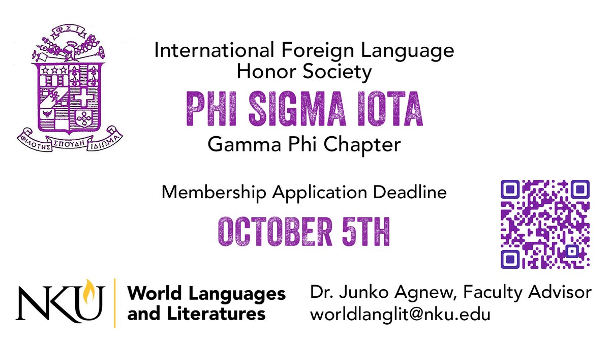 Phi Sigma Iota, the international foreign language honor society, established the Gamma Phi Chapter at NKU in 1997 to confer distinction on students for high achievement in the study of foreign languages, literatures and cultures. Follow the QR Code for application form.