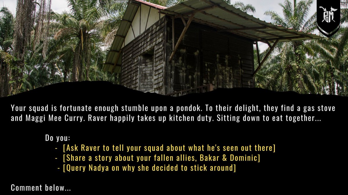 [Heads or Tails - Act 1, Chapter 1, Part 14]

A breather for a night. How do you fill the time?

Ps. Pondok means hut &amp; Maggi Mee Curry is comfort food for Malaysians.

Switch on🔔to see your actions play out. 

#PoMHeadsOrTails #WeAreTheProtectors #NFTProject #storytellingNFT