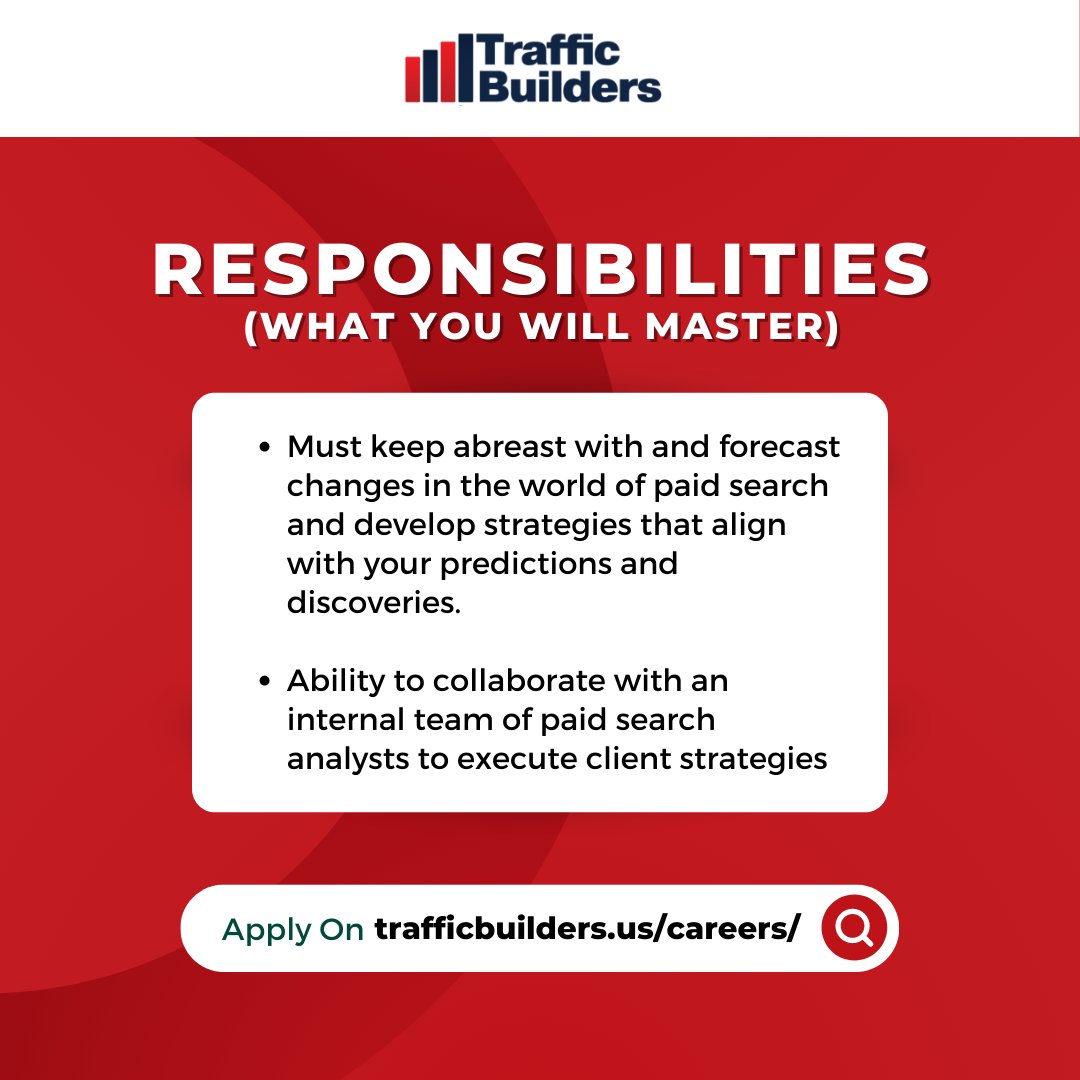 Are you looking for a new challenge? Are you a passionate Digital Marketer ready to flex your #PaidSearch muscles? At Traffic Builders we are drivers, partners, advocates, and challengers. If you think you've got what it takes, apply online.

#hiring #digitaljobsinNJ