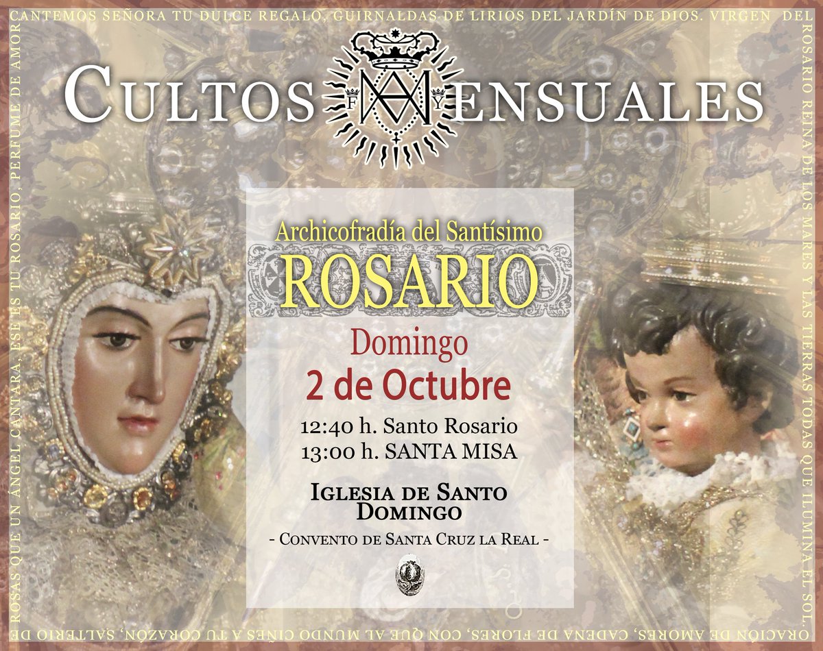 450Granada's tweet photo. Llega el #MesdelRosario con 3 actos que no puedes perderte:

📍SÁBADO 1: Conferencia en el Colegio Mayor #SantaCruzlaReal (12:00h)

📍DOMINGO 2: #FiestadelRosario (12:40h) y Concierto de @CorosGranada en #SantoDomingo (18:00h).

#Realejo #Granada #RosarioCoronada2022 https://t.co/W9dCjov9Rz