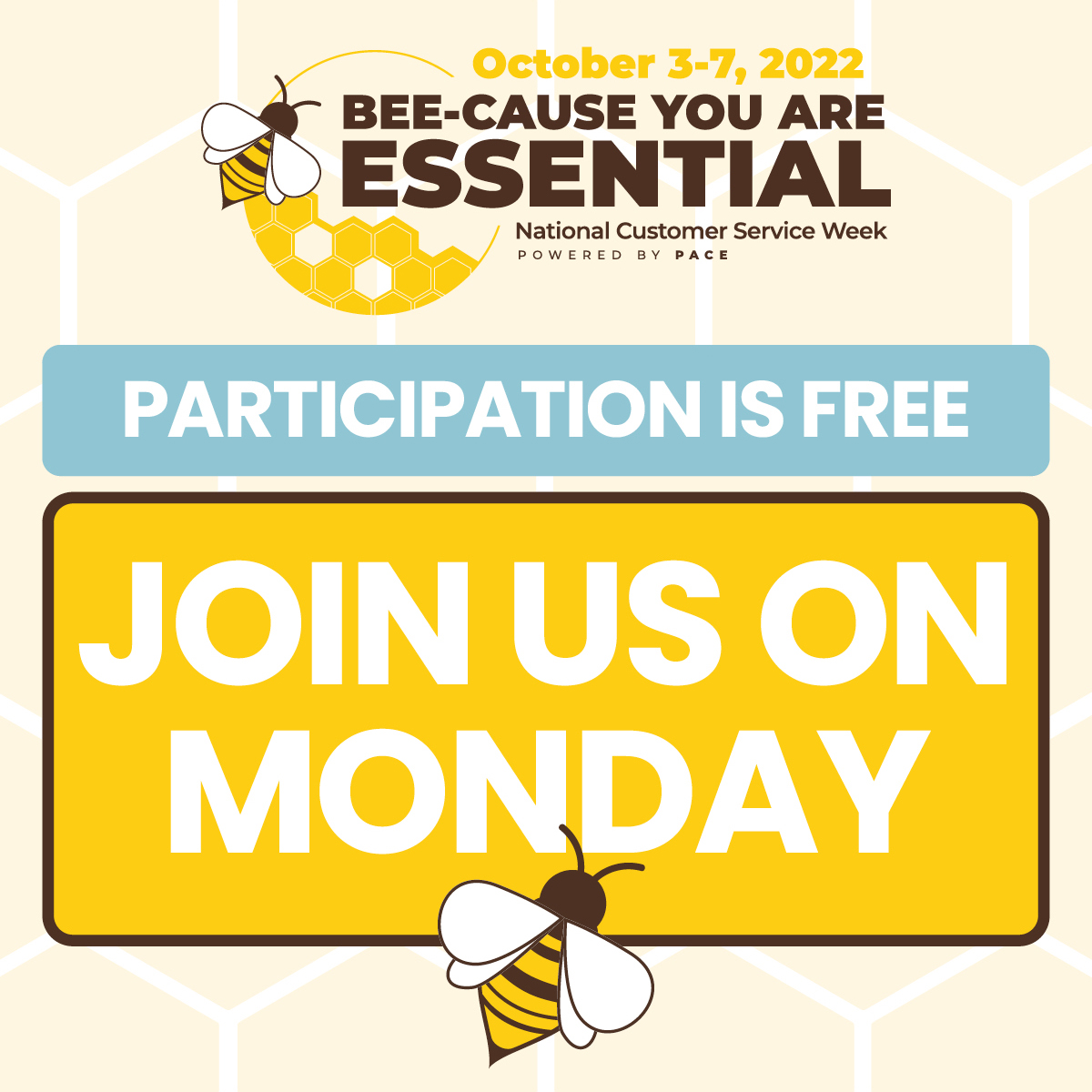 NTLCSW's tweet photo. National Customer Service Week @PACEassociation begins Monday! Who's buzzing in? Comment/like/share our post to show you're participating! 🌟 Invite a friend to join: https://t.co/2TlSmcxzin
All our bees-knees participants get FREE resources, too! 🐝

#faceofpace #customerservice https://t.co/f2SNzFyXJ7