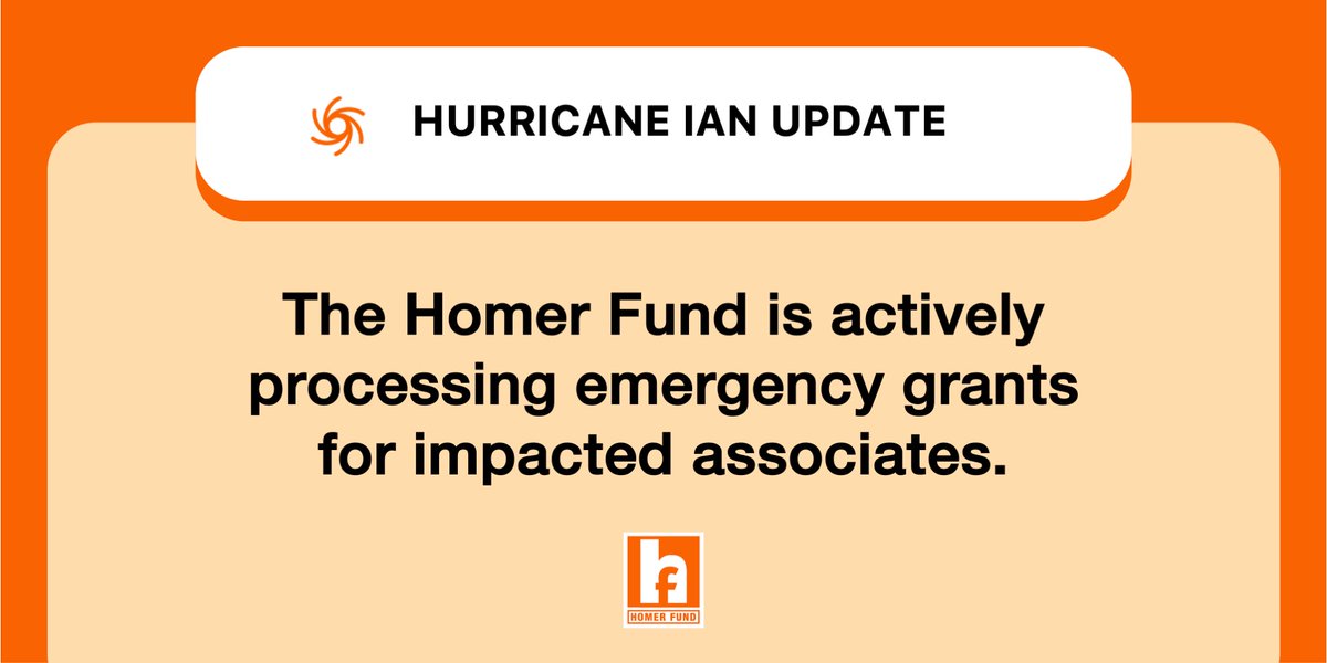 Our thoughts are with all the communities impacted by Hurricane #Ian. The HRSC Crisis Line is now open to associates located in Florida who have an immediate need for safe shelter, food & clothing. The #HomerFund is monitoring Hurricane Ian's impact on areas outside of Florida.