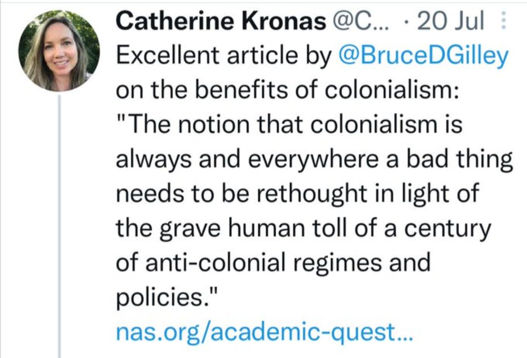 Time to call out the odious retweets of #Ward15 HWDSB school trustee candidate Catherine Kronas. She retweeted this article on the benefits of colonialism. #HamOnt #Waterdown #Millgrove #Carlisle #Freelton  deserve better. #TruthAndReconciliationDay2022
