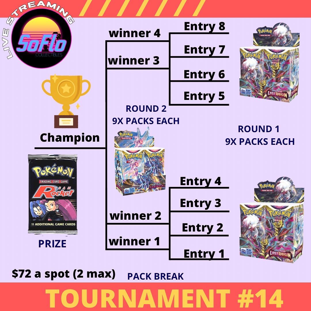 Live stream tonight! Check out the product description on soflocollectibles.com or check us out on Instagram for rules on our break tournament. Prize: Team rocket booster pack. Bounty Charizard UPC
