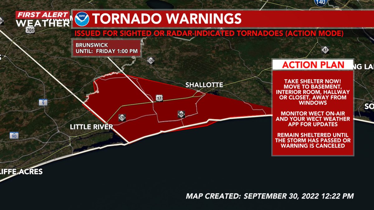 TVsGabeRoss's tweet photo. WX ALERT: Tornado Warning issued for Brunswick co. until 9/30 1:00PM. Take shelter now if you're in the warning polygon! Live coverage: https://t.co/lg5KwfRIr1 https://t.co/zSY0ILBMAL