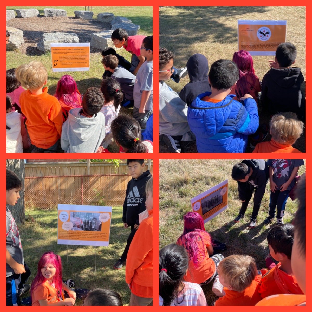 On a Residential Schools history walk ⁦<a href="/springfieldsch/">Springfield PS</a>⁩ to acknowledge and learn about #orangeshirtday Survivors are resilient and courageous. Never again. #everychildmatters ⁦<a href="/PeelSchools/">Peel District School Board</a>⁩