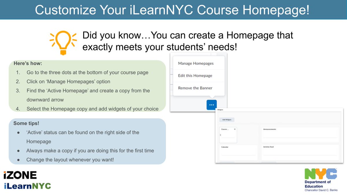 nycdoeizone's tweet photo. Try It Tuesday!
Foster personalized learning in your iLearnNYC course by creating a Homepage that aligns with your student’s needs! Use Customize Homepage feature to have spaces relevant to your students and classroom 😀
#ilearnnyc #ilearnnycpd #nycdoepd
https://t.co/IFOvMH2Tiw https://t.co/9nNoDZUUXl