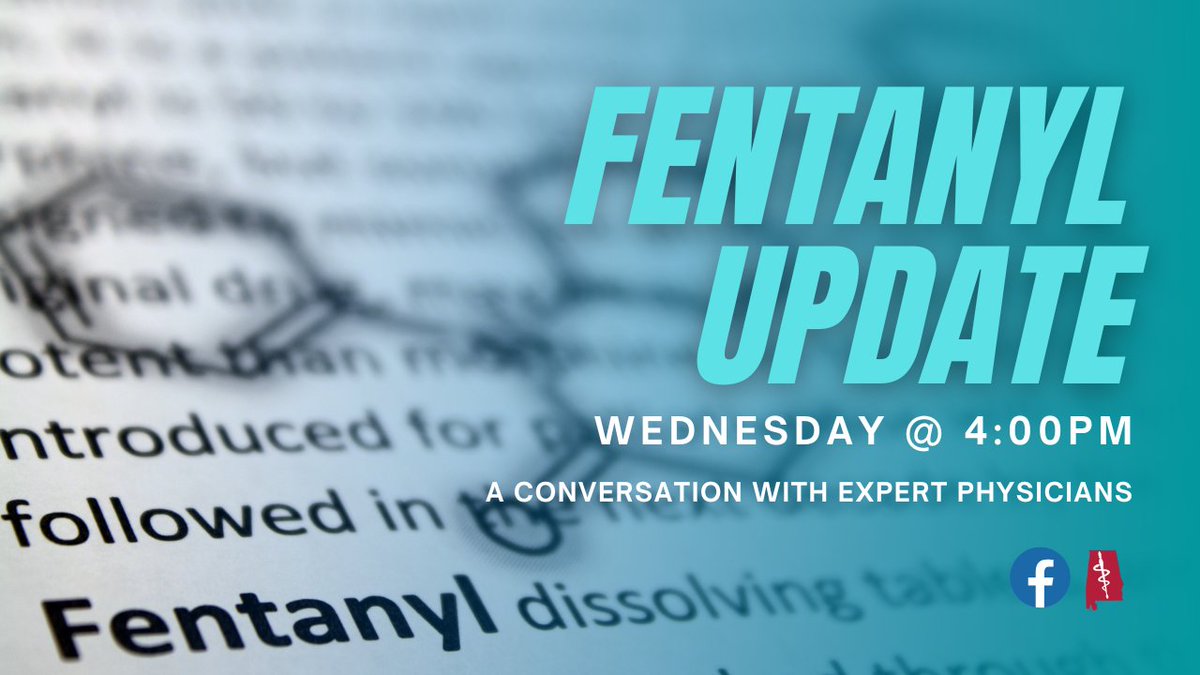 almedassoc's tweet photo. As Alabama is experiencing a surge in Fentanyl overdose deaths, the Medical Association will host a Facebook Live to discuss the dangers of illicit fentanyl and treatment options.

Join us on Wednesday, October 5th at 4:00pm to hear from our panel of expert physicians! https://t.co/0mX8cU4OcU