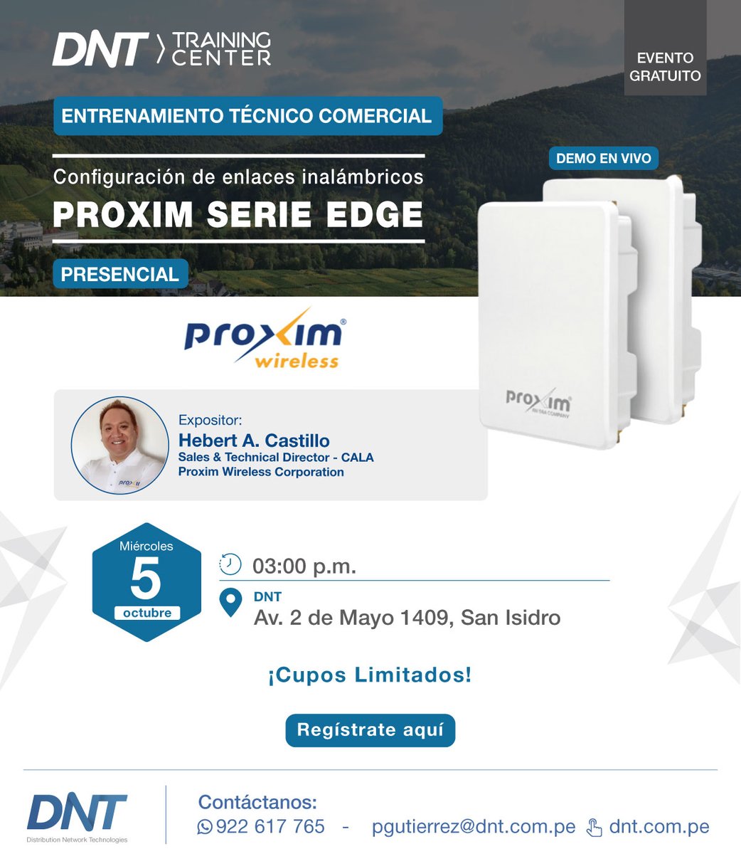 DNT te invita a participar de nuestro Training Presencial: "Configuración de enlaces inalámbricos" que se realizará este 5 de octubre😎
link: bit.ly/3xKtKrx
¡CUPOS LIMITADOS!
Contáctanos al:
📞 922 617 765 / 960 458 258
WhatsApp: wa.link/qg3b7l