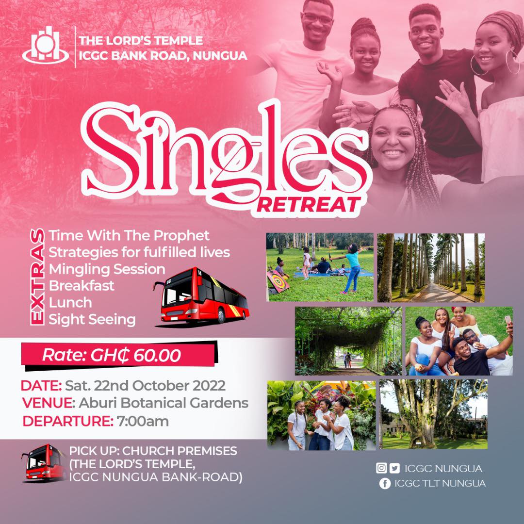 ICGCNungua's tweet photo. Hello friend, our Singles Retreat comes off on the 22nd of October at The Aburi Botanical Gardens.

To register and pay, kindly reach us on 054 899 5842 or 050 419 3107.

Register here 👇👇👇
https://t.co/NtZAnKWMdY... https://t.co/YCDcj6kk9l