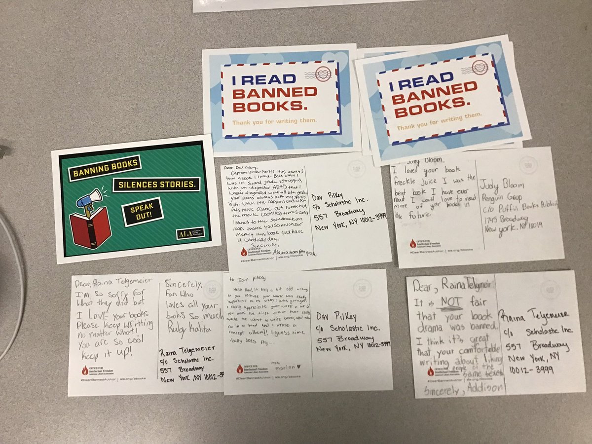 This week we’re mailing our #dearbannedauthor postcards from <a href="/BannedBooksWeek/">Banned Books Week</a>. #julianworks students are fired up about intellectual freedom and the freedom to read. #davpilkey #judybloom <a href="/goraina/">Raina Telgemeier</a> #oakpark97 #libraries97