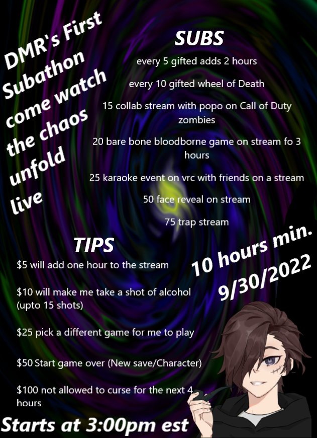 Doing my first subathon starts in about 2 and a half hours. come join the fun!😀🥃🎉
