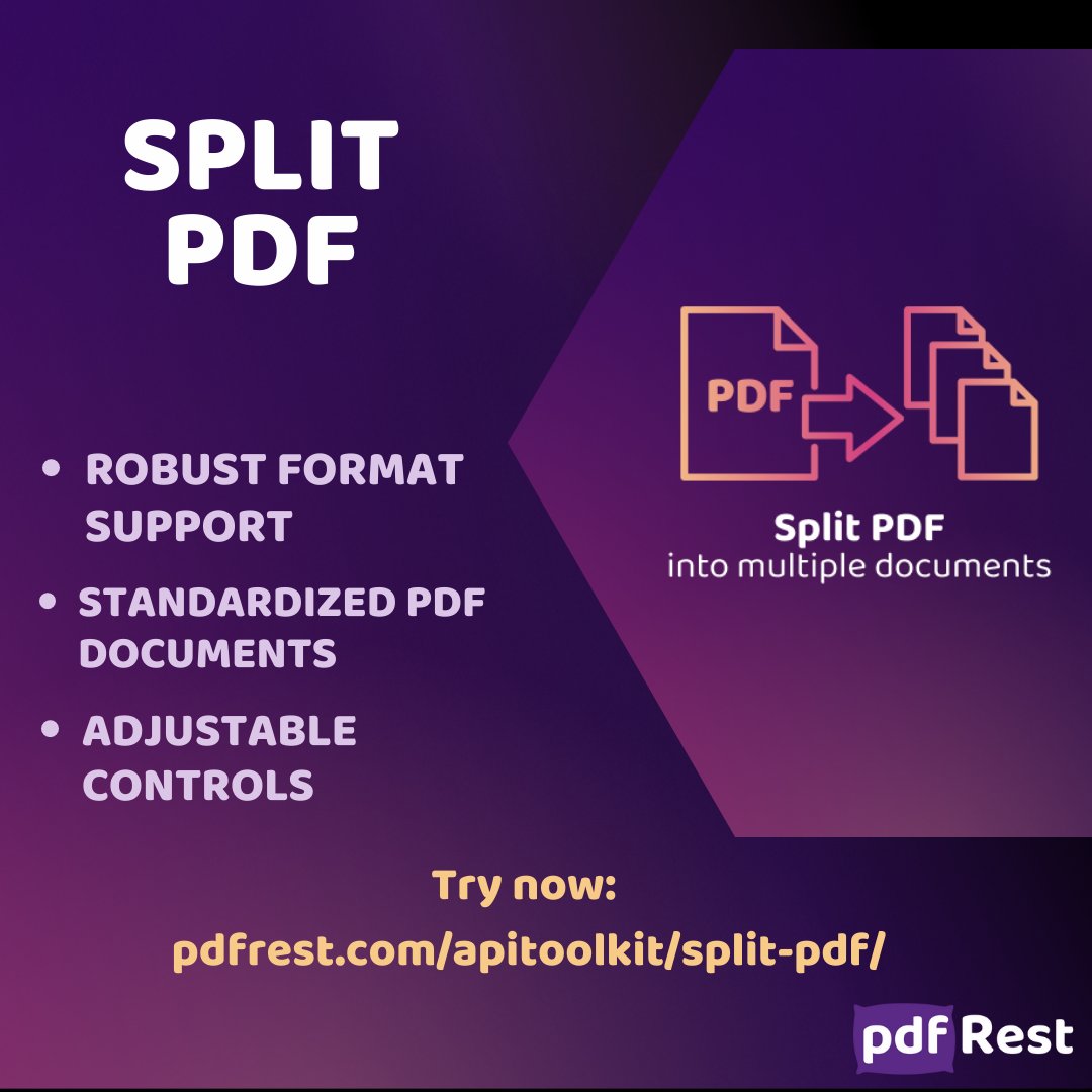 pdfRest's tweet photo. Split PDF is a REST API tool by @pdfRest that separates a single #PDF file into any number of separate PDF files, each with specified pages.
Try now: https://t.co/aTNjMF7Hs2
#cloud #restapi #webapi #documentprocessing #DocumentManagment #PDFsolutions #appdeveloper #splitpdf https://t.co/GaP8WHuHeE