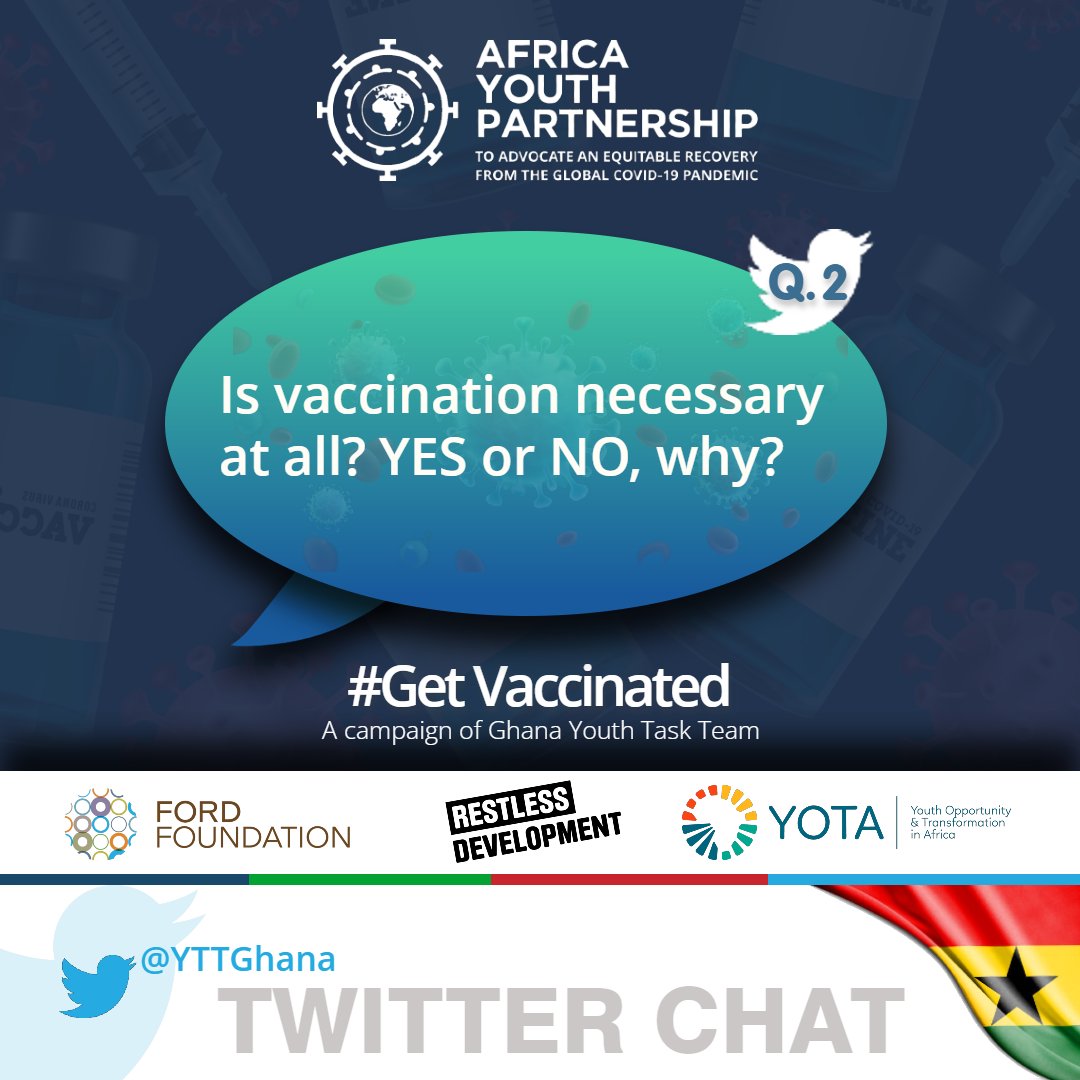 yttghana's tweet photo. https://t.co/NSMJQNA1U3 vaccination necessary at all?
YES or NO, why?
#GetVaccinated #AfricaYouthPartnership #AYP2022 https://t.co/9ZdIi2ZOCE