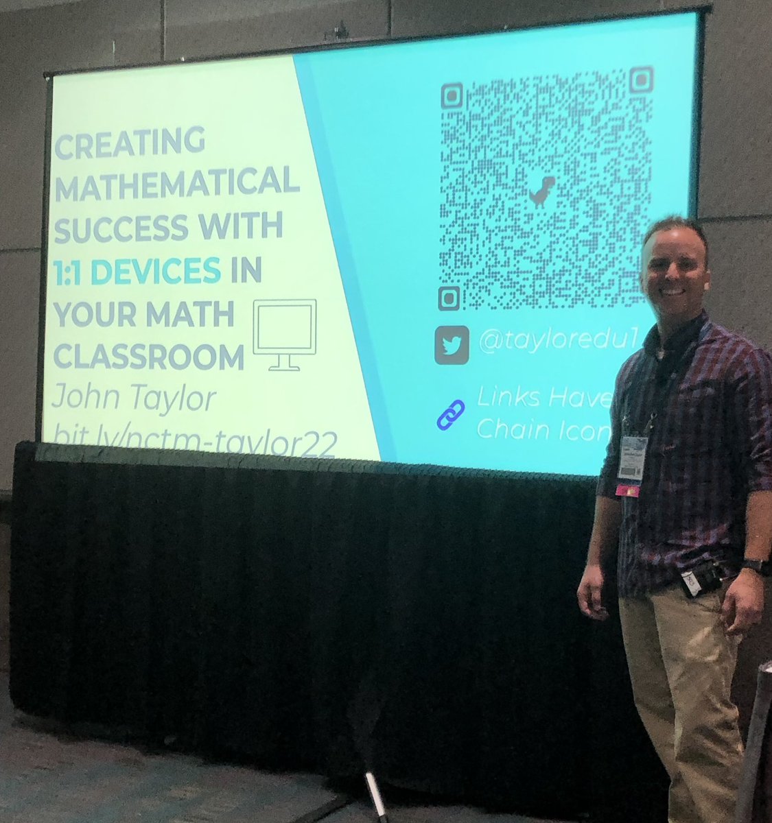 Here we go! <a href="/tayloredu1/">John Taylor</a> is ready to share with math teachers from across the country! #NCTMLA22 <a href="/District128/">District 128</a>